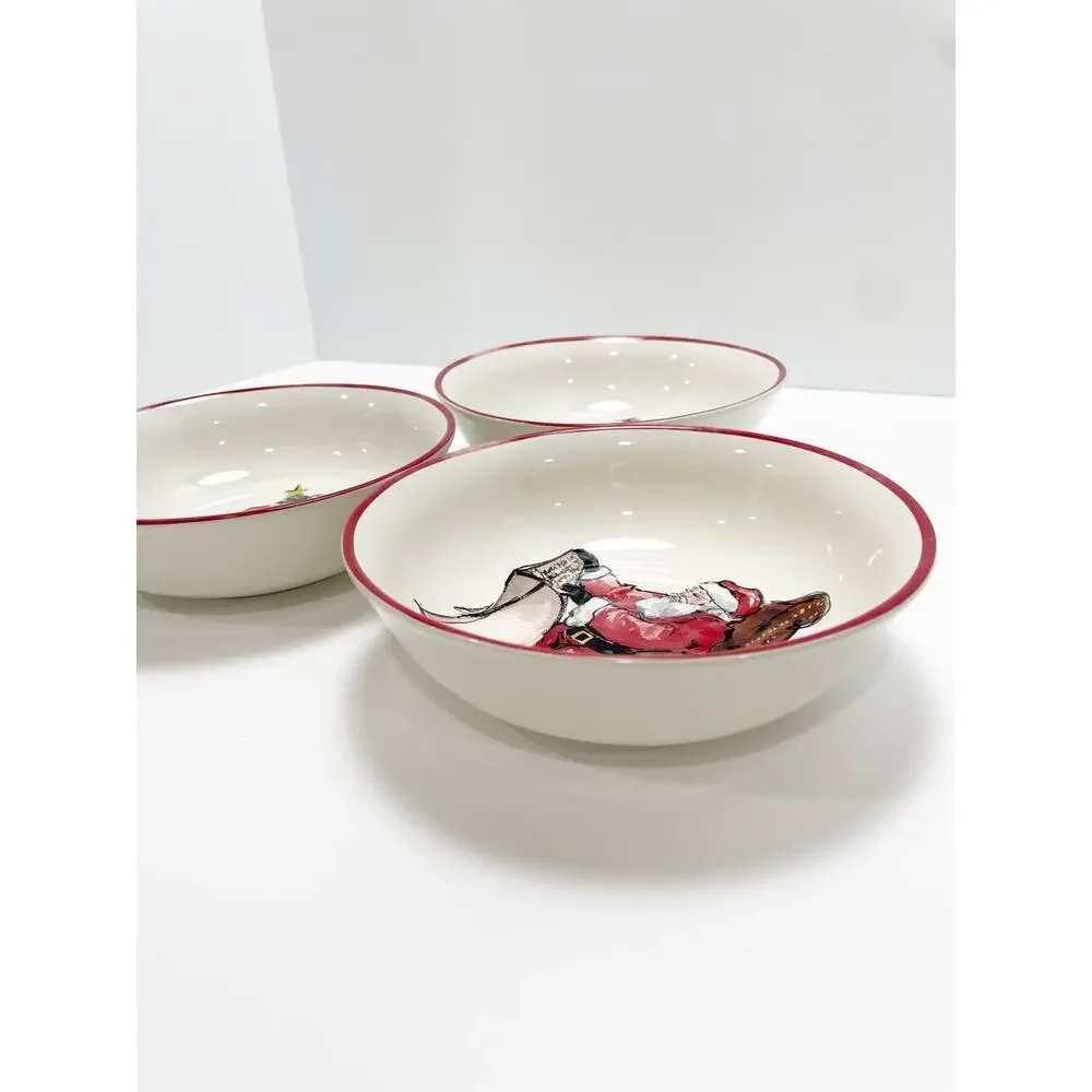 Pottery Barn Painted Santa Stoneware Bowls Christmas Set of 3